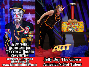 Jelly Boy The Clown Sideshow Act from Americas Got Talent Performing Daily at the New York Blood and Ink Tattoo and Horror Convention